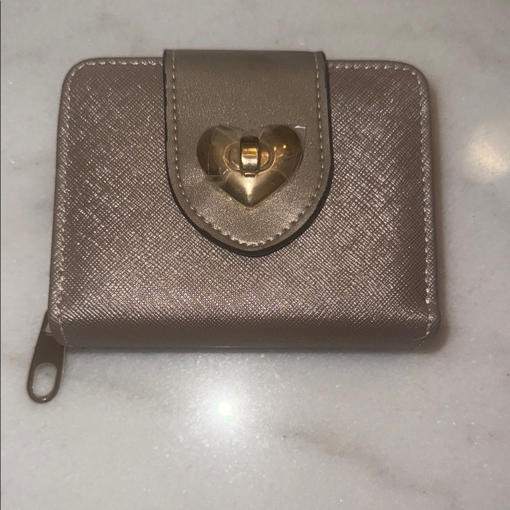 Tan Women's Wallet with Heart Turn Lock Closure